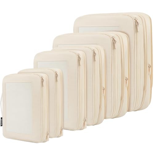 4 Set/6 Set/8 Set Compression Packing Cubes Travel 06-Beige Square Mesh