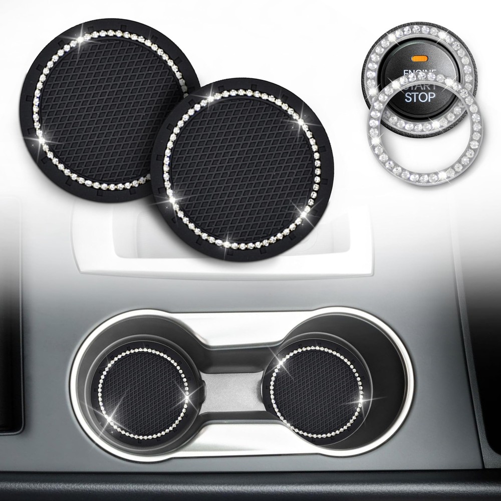 EcoNour Bling Cup Holder Insert (2 Pack) with Push Start Button Black-white