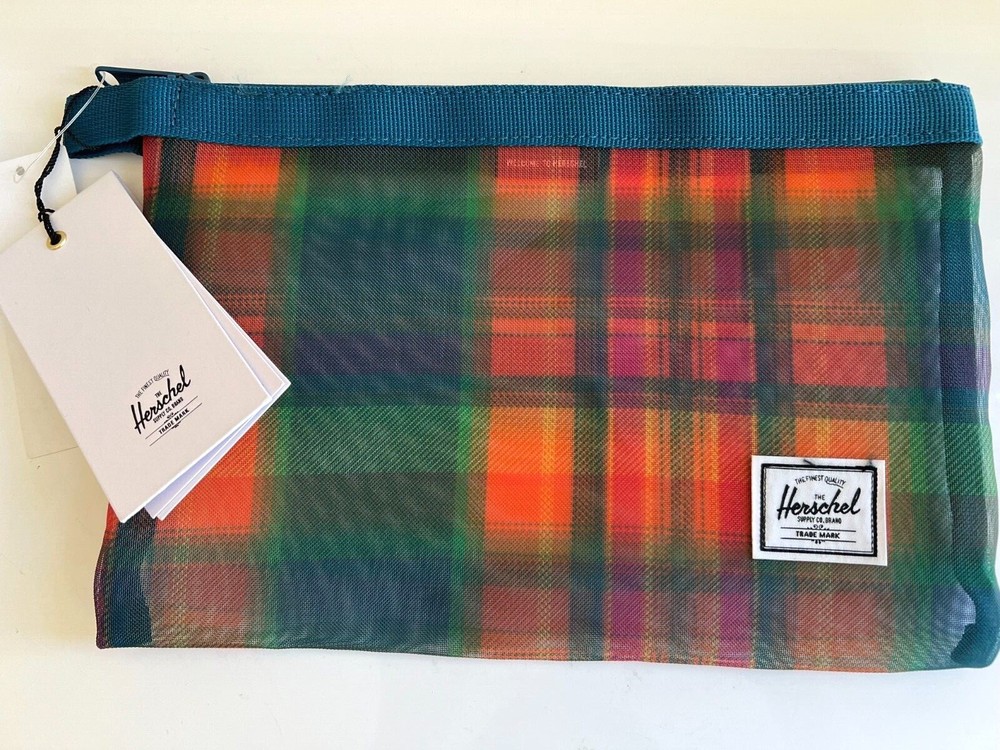 New Herschel Network Mesh Large Storage Zip Bag Pouch Green Red Plaid 7.5&Prime;x11&Prime;