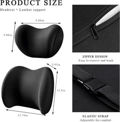 Ergonomic Memory Foam Car Neck Back Support w/Removable Cover, Universal Brea…
