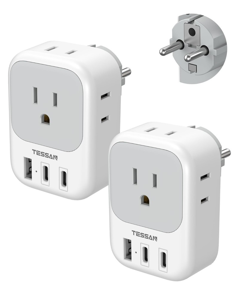 2 Pack Type E F Plug Adapter with 4 Outlets & 3 USB-C Ports, European Travel Ada