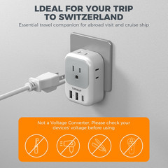Switzerland Power Adapter 2 Pack Type J 4 AC Outlets 3 USB Ports USB-C Travel Pl
