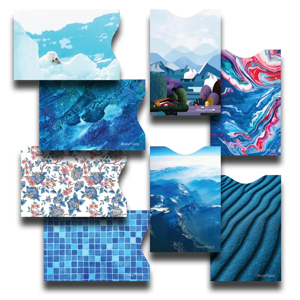 8 RFID Blocking Sleeves, Unique Designs and Arts in Blue, Anti-Theft Credit Card