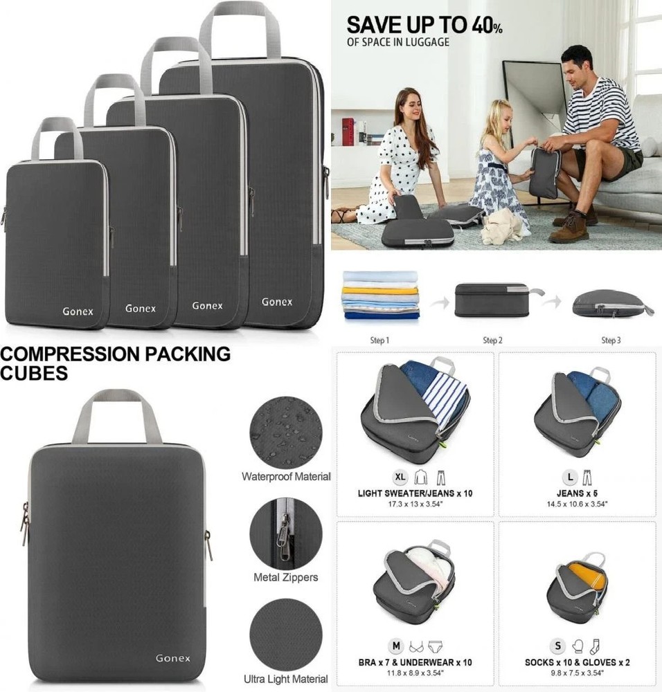 Compression Packing Cubes, 3pcs/4pcs XL+L+M+S, 4 PCS Deep Gray