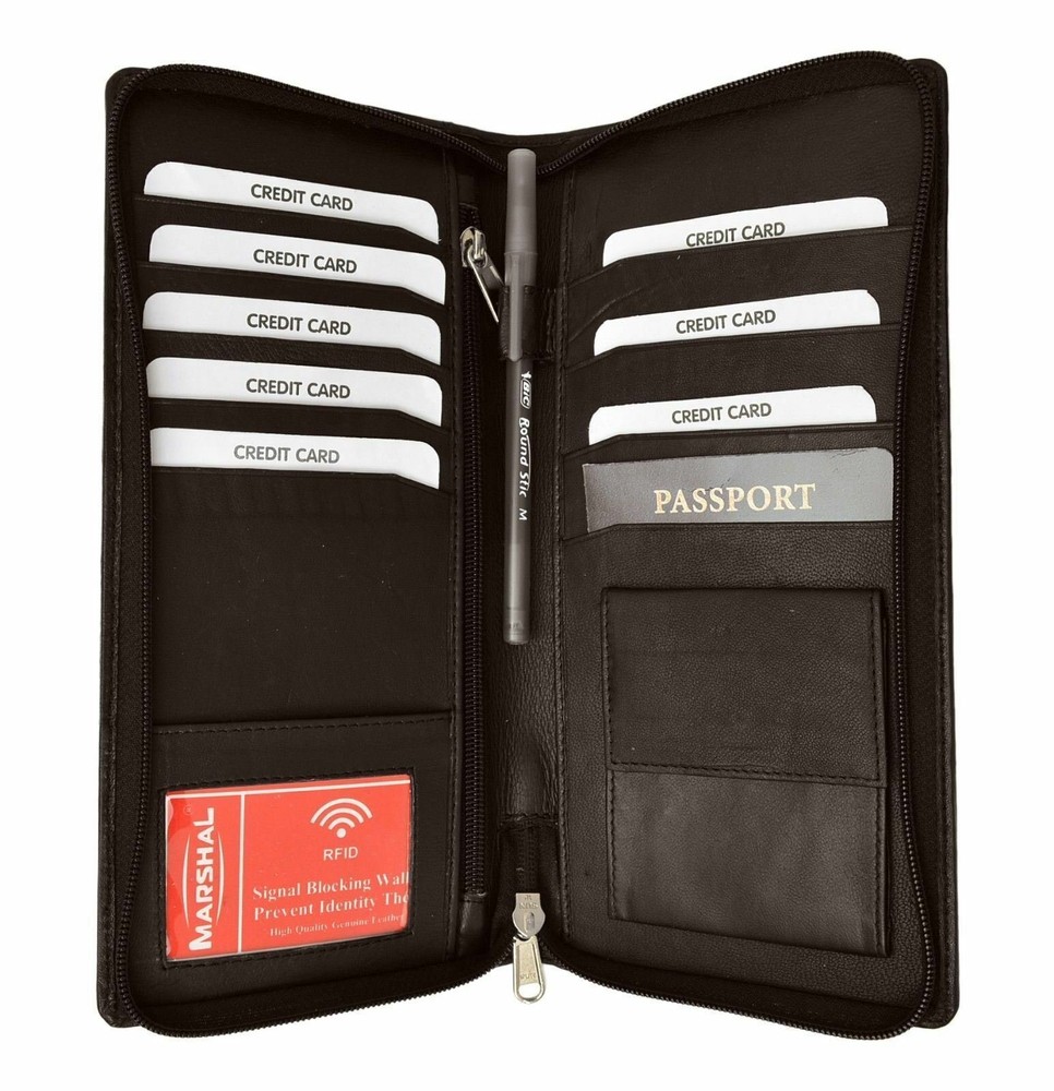 RFID Blocking Leather Travel Wallet Passport Plane Ticket Organizer Case Brown