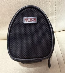 TUMI Black Sturdy Accessory Zip pouch Cord Trim With Red Leather Logo 3” X 2.5”