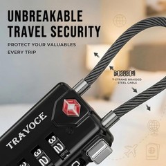 Durable TSA Approved Cable Locks – 3-Digit Combo with Search Alert, 2 Pack Black