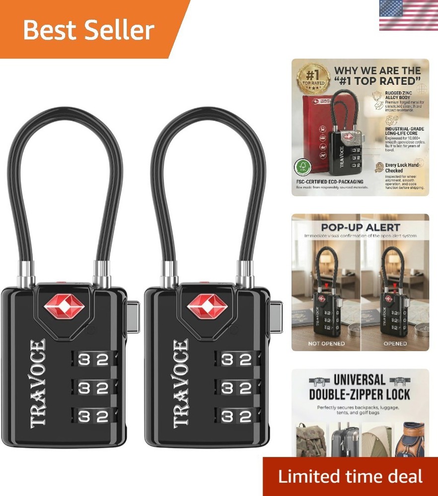 Durable TSA Approved Cable Locks – 3-Digit Combo with Search Alert, 2 Pack Black