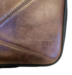 S-ZONE Brown Cowhide Leather Canvas Organizer Toiletry Travel Double Zipper Case