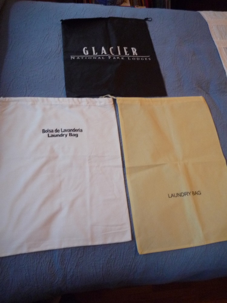 3 Assorted Reusable Drawstring Hotel Laundry Bags Glacier Park, White Cotton