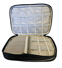 S-ZONE Brown Cowhide Leather Canvas Organizer Toiletry Travel Double Zipper Case