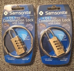 Samsonite 4 Dial Brass Combination Lock With Stainless Steel Cable. Lot Of 2
