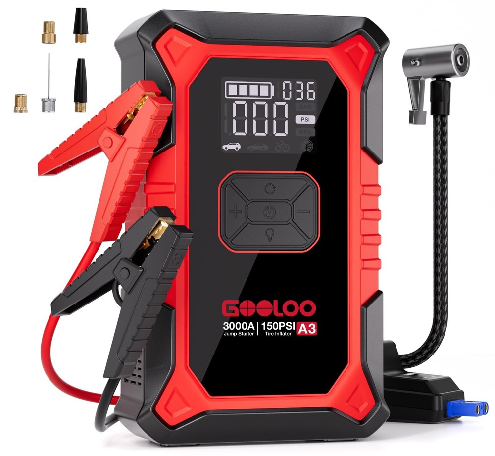 GOOLOO A3 Jump Starter with Air Compressor, 3000A Portable Car Battery Red