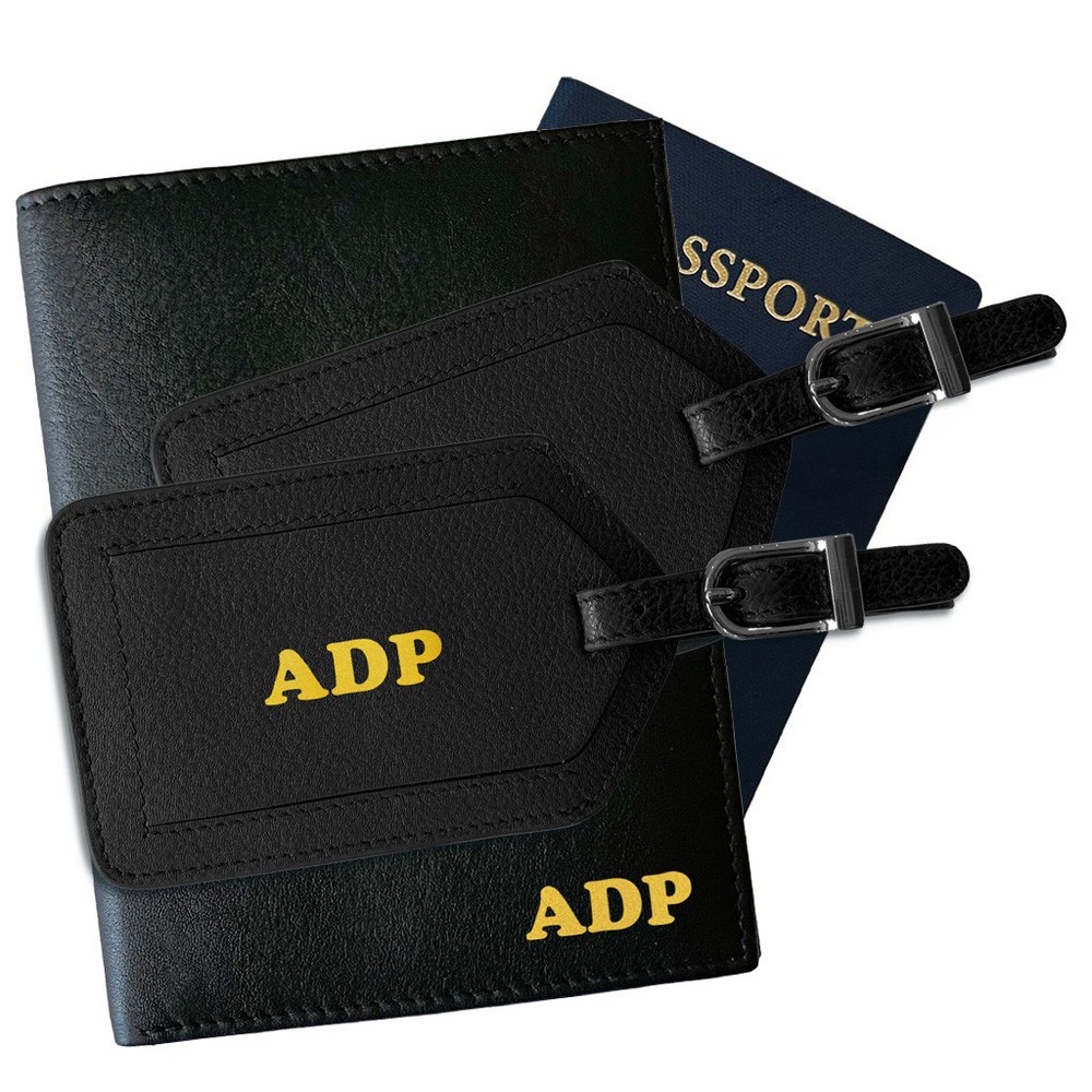 Deluxe Personalized Monogrammed Leather RFID Passport Wallet and 2 Luggage Tags