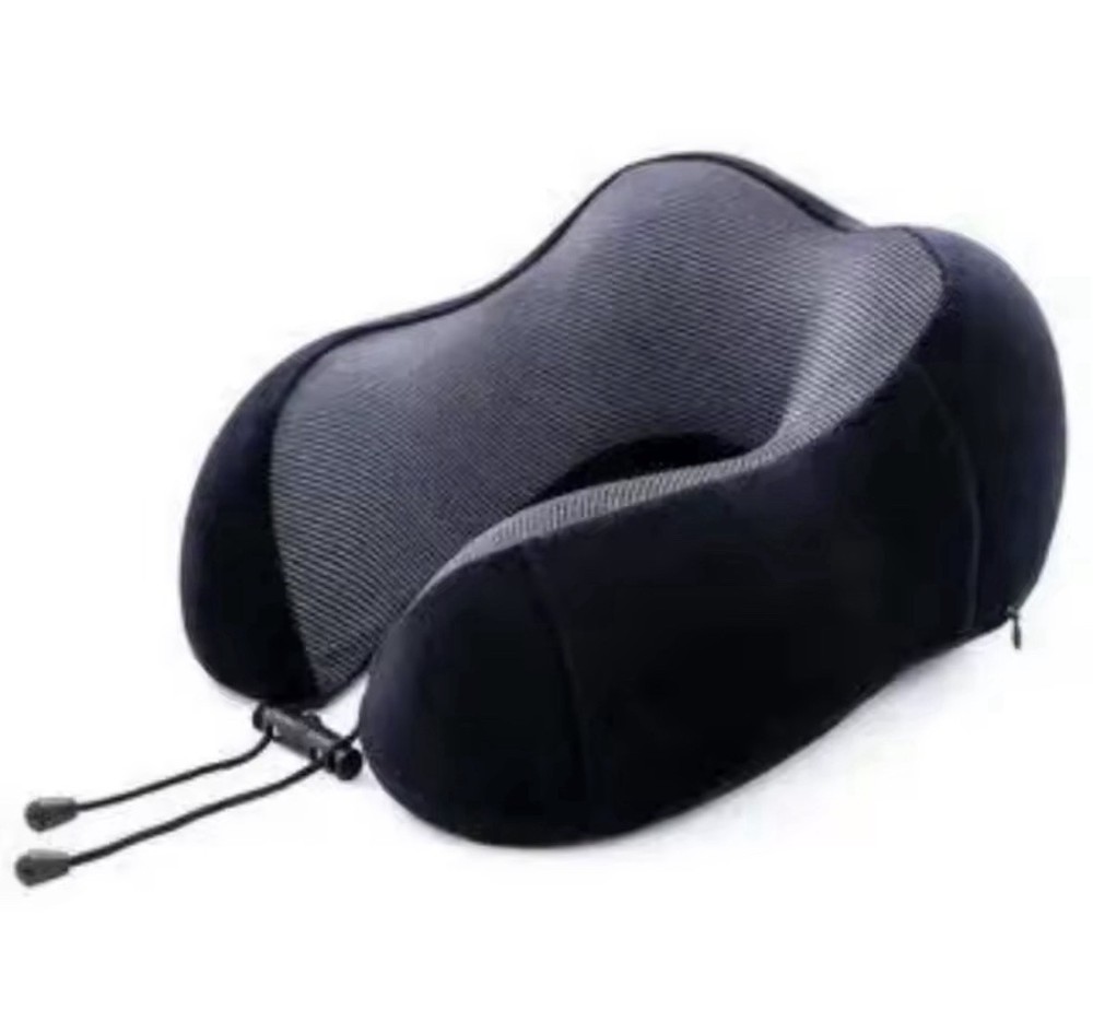 Black Memory Foam Neck Pillow U-Shaped Travel Cushion with Drawstring